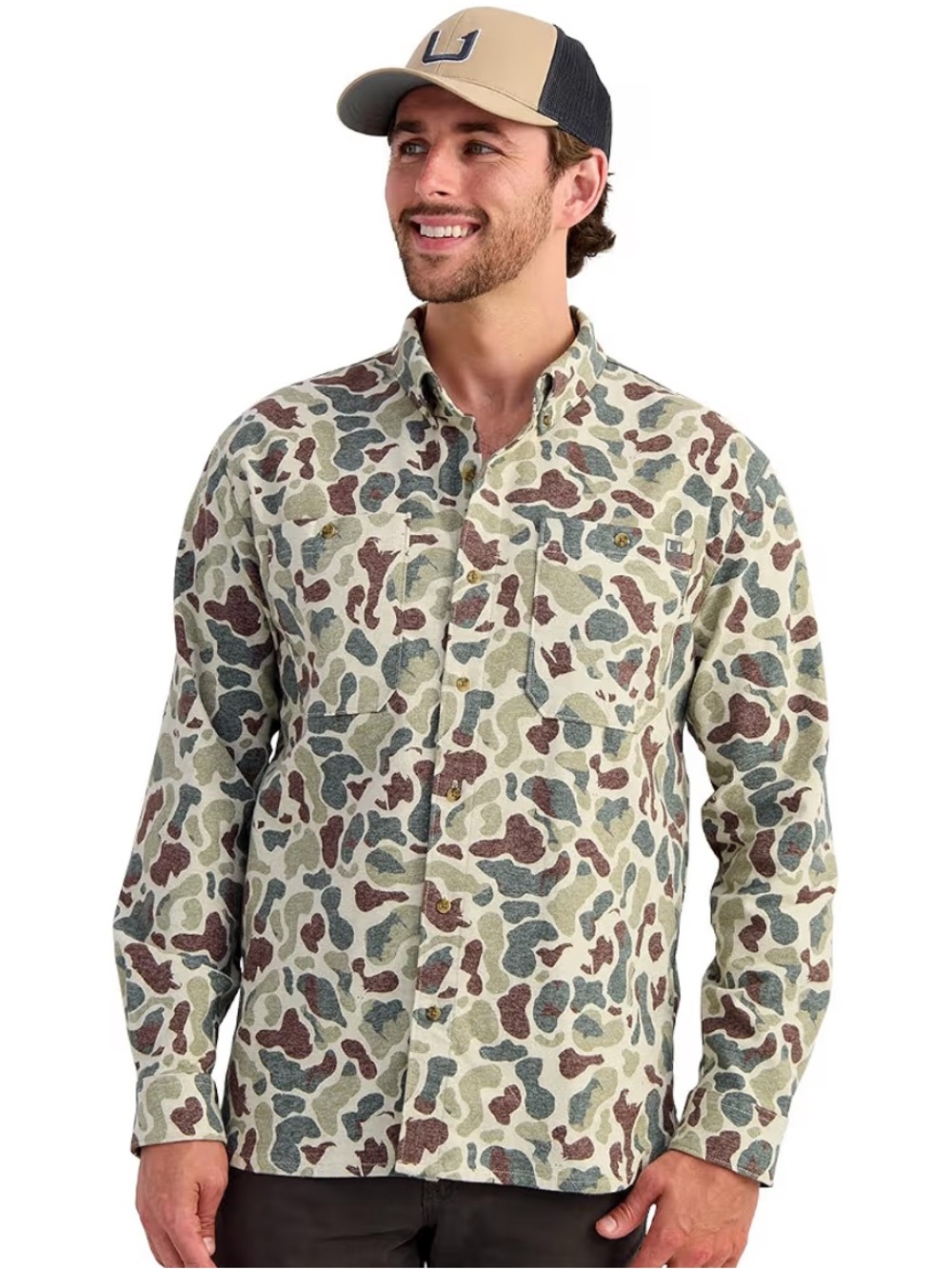 HUK Chesapeake Flannel Button Down Shirt NEW Men’s army camo beige green
